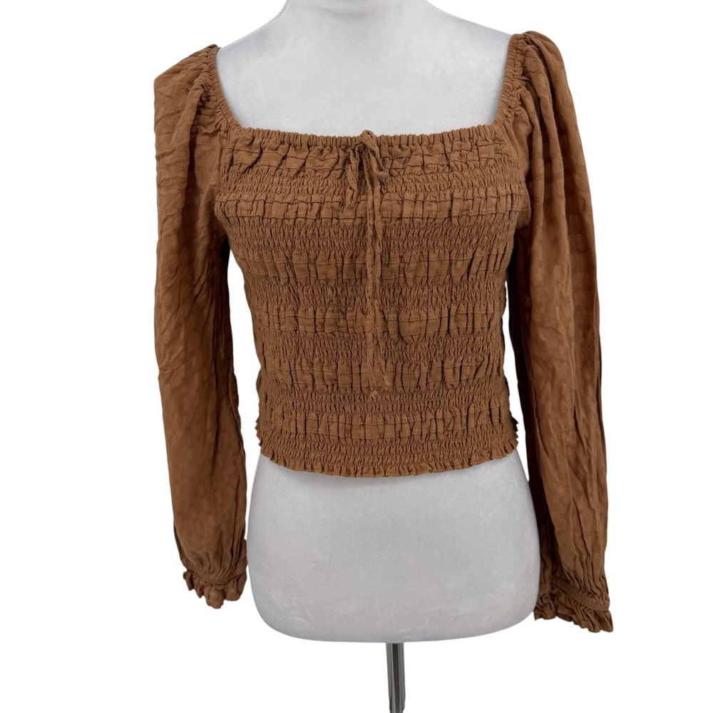 American Eagle Top Women L Brown Cotton Smocked Square Neck Long Sleeve Boho